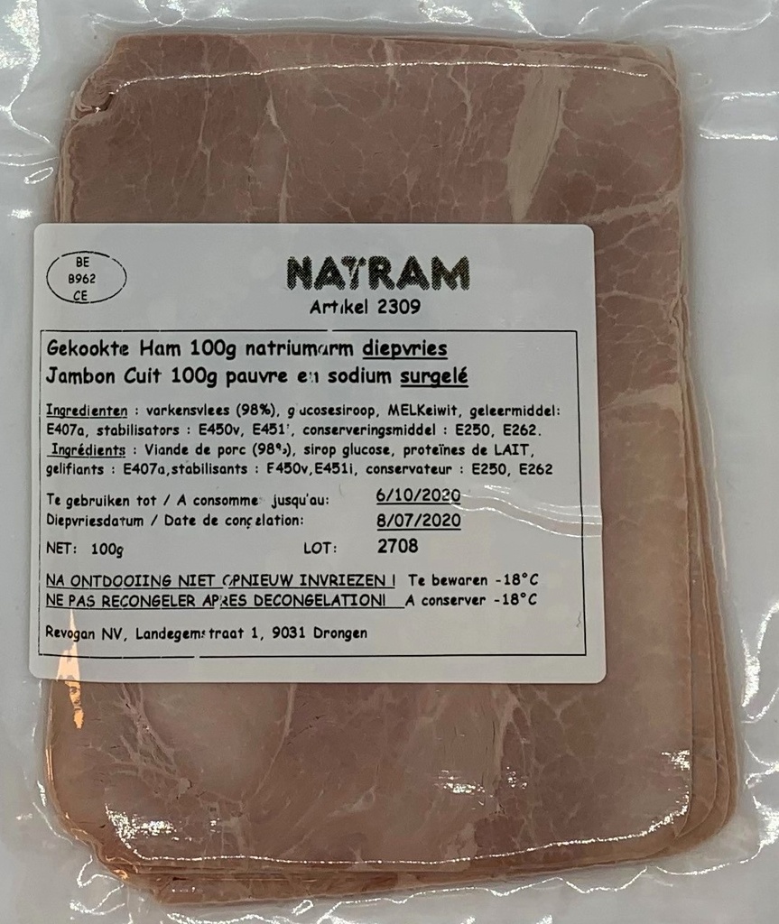 Natram cooked ham low sodium 100g x 10 frozen