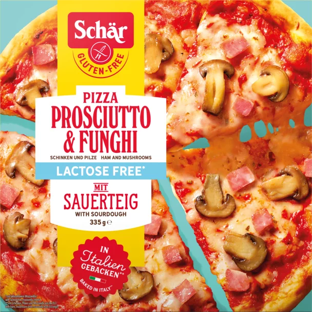 [3222] Schär pizza prosciutto & funghi 335g lact° vries